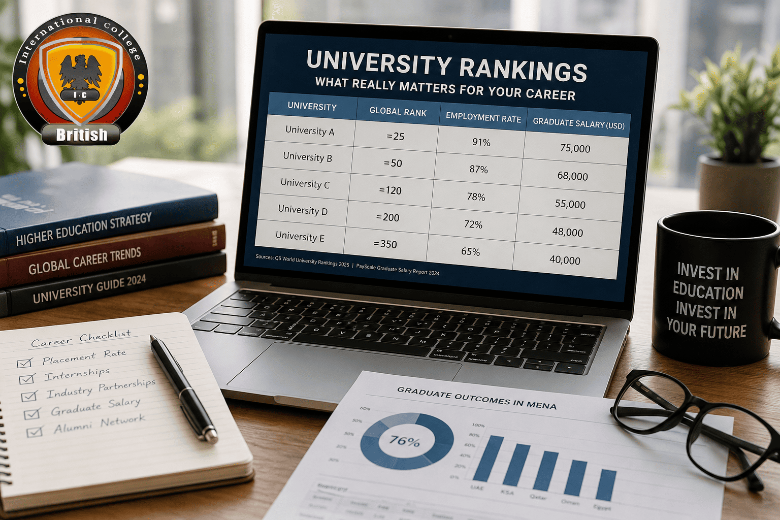 Data analysis chart comparing traditional global university rankings with career-focused graduate outcomes in the MENA region.